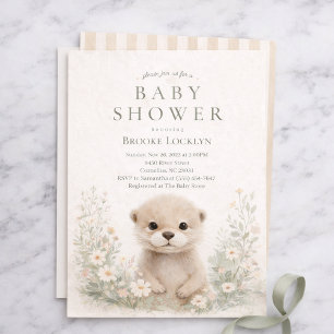 Neutral Watercolor Otter Baby Shower   Woodland Invitation