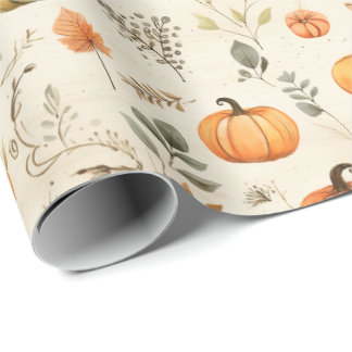 Neutral Watercolor Pumpkins and Fall Leaf Sprigs Wrapping Paper
