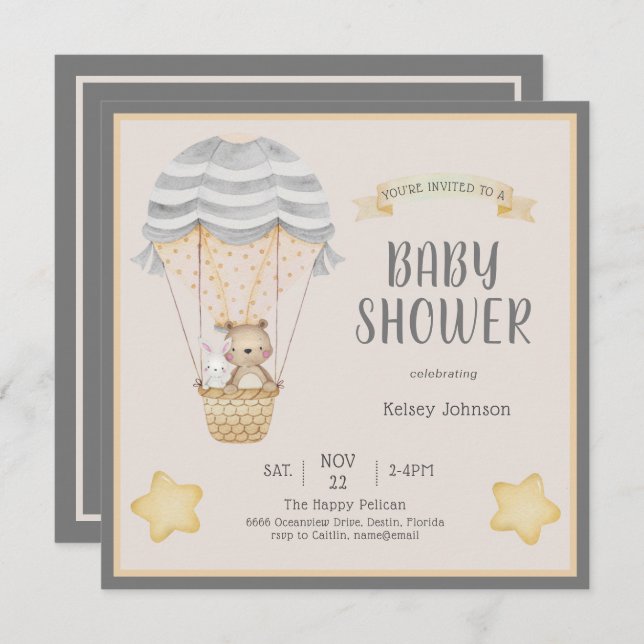 Neutral Watercolor Woodland Animals Baby Shower Invitation (Front/Back)