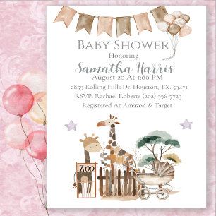 Neutral Watercolor Zoo Animals Baby Shower Invitation