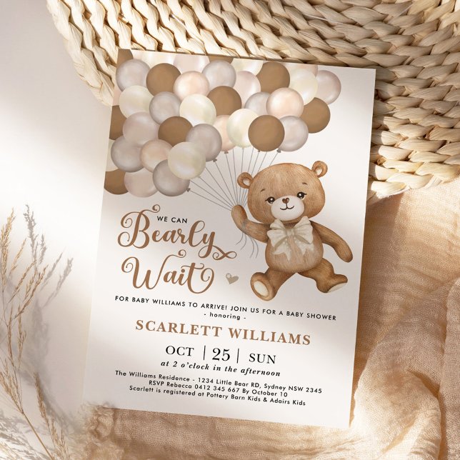 Neutral We Can Bearly Wait Teddy Bear Baby Shower Invitation (Creator Uploaded)