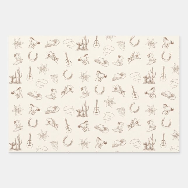 Neutral Western Rodeo Brown & Blue Set Wrapping Paper Sheet (Front)