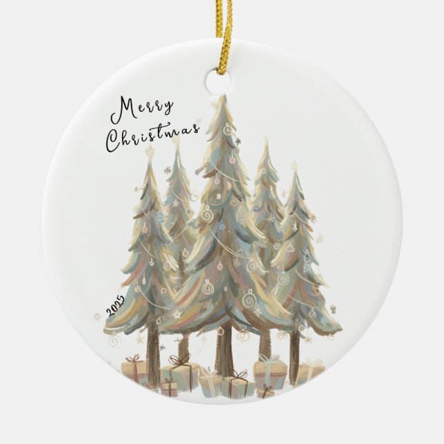 Neutral White Christmas Trees Cream Holiday Ceramic Tree Decoration (Front)