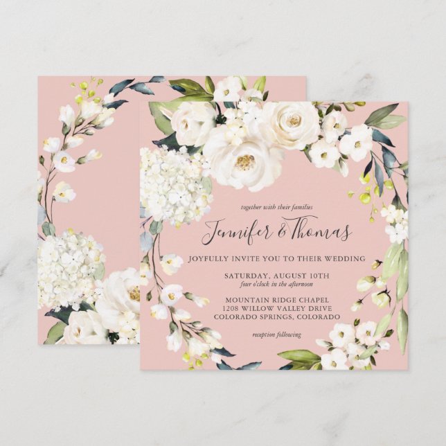 Neutral White Floral Blush Pink Square Wedding Invitation (Front/Back)