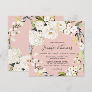 Neutral White Floral Blush Pink Square Wedding Invitation