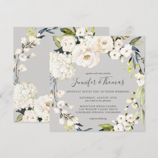 Neutral White Floral Wreath on Taupe Wedding Invitation (Front/Back)
