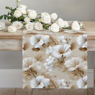 Neutral White Flowers Ivory Beige Table Runner