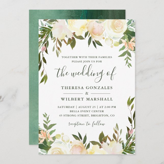Neutral White Greenery Watercolor Floral Wedding Invitation (Front/Back)