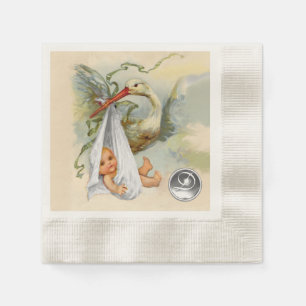 NEUTRAL WHITE STORK BABY SHOWER GEMSTONE MONOGRAM NAPKIN