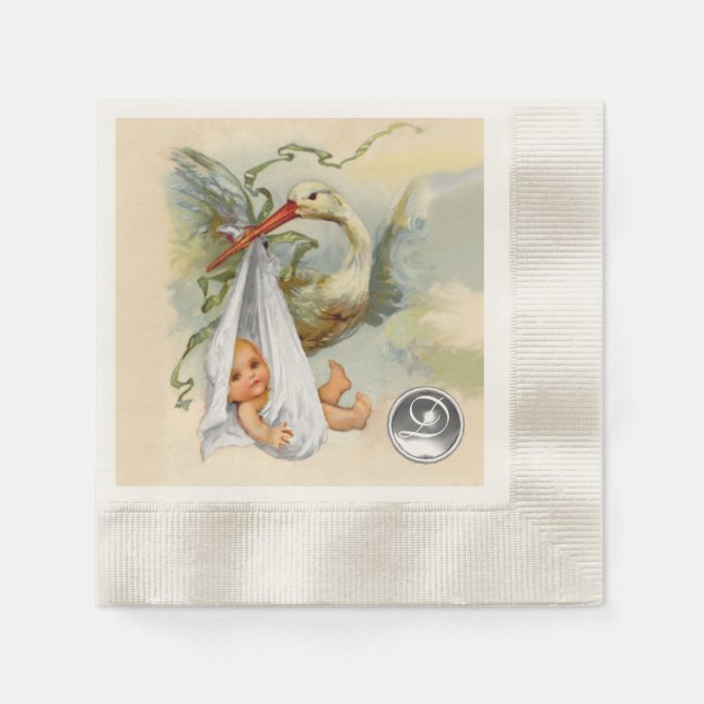 NEUTRAL WHITE STORK BABY SHOWER GEMSTONE MONOGRAM NAPKIN (Front)