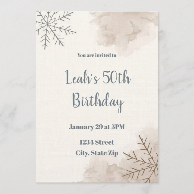 Neutral Winter 50th Birthday Invitation – Minimal (Front)