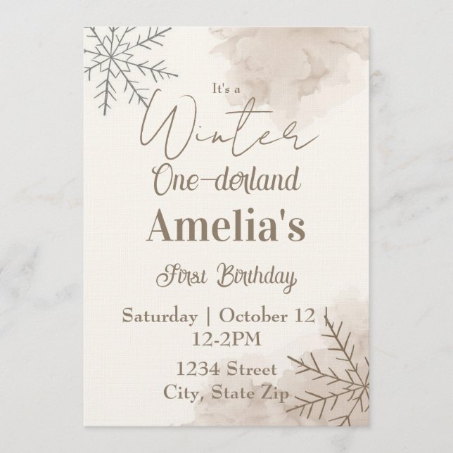 Neutral Winter First Birthday Invitation – Minimal (Front)