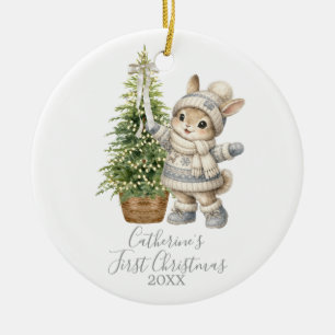 Neutral Winter Pine Tree Christmas Bunny Winter Ceramic Tree Decoration
