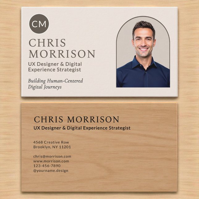 Neutral Wood Photo Monogram Professional  Business Card (Creator Uploaded)