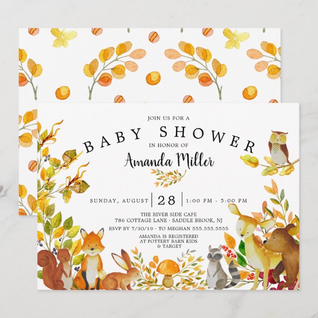Neutral Woodland Forest Animals Baby Shower Invitation (Front/Back)