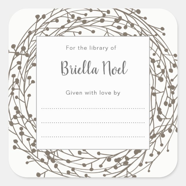 Neutral wreath name book plate sticker (Front)