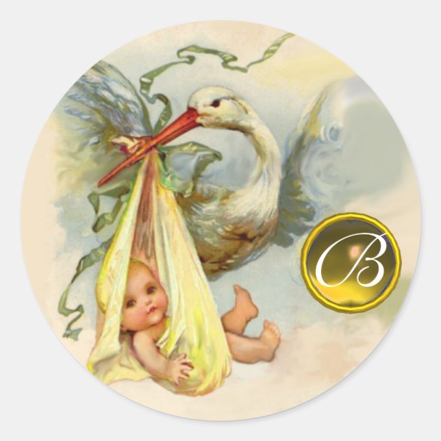 NEUTRAL YELLOW STORK BABY SHOWER GEMSTONE MONOGRAM CLASSIC ROUND STICKER (Front)