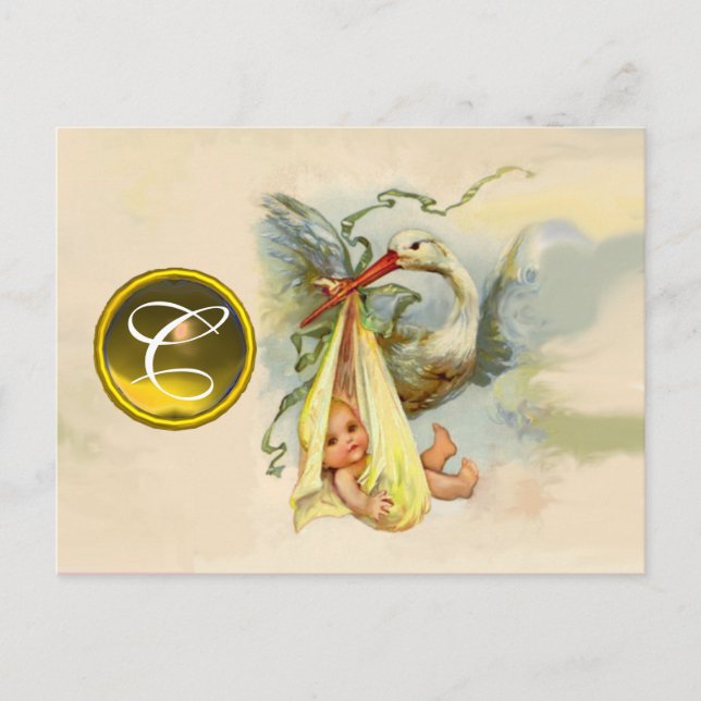 NEUTRAL YELLOW STORK BABY SHOWER GEMSTONE MONOGRAM INVITATION POSTCARD (Front)