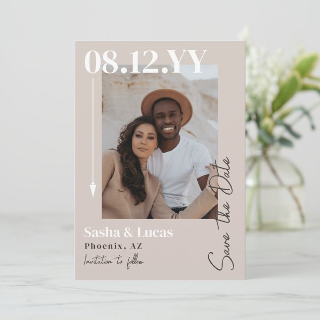 Neutrals Arrow Typography Photo Save The Date (Standing Front)