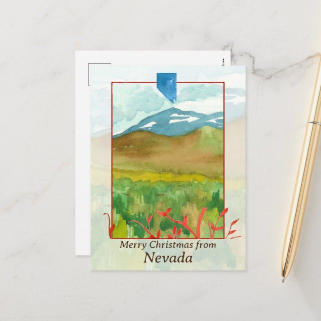 Nevada Christmas Winter Desert Watercolor Holiday Postcard (Front/Back In Situ)