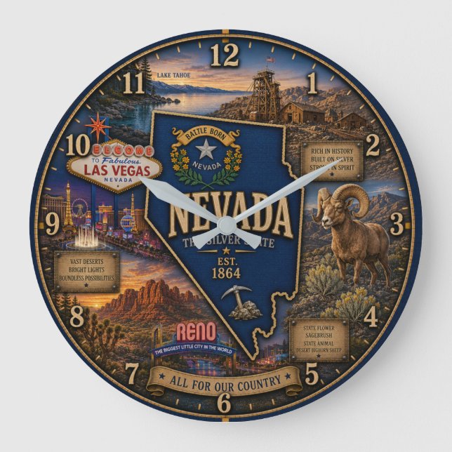 Nevada State Silver Desert and Las Vegas Rustic Large Clock (Front)