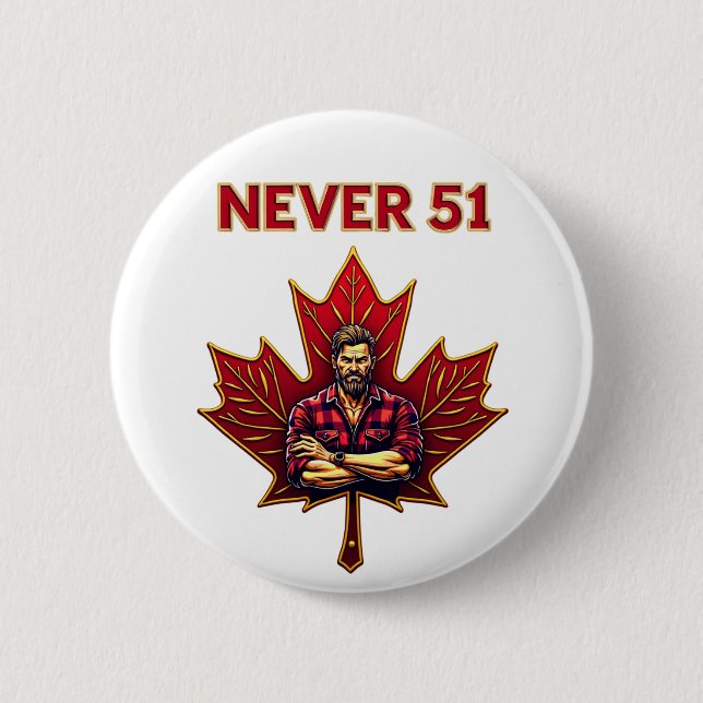 Never 51, Canada Flag Maple Leaf, Canadian Man,    6 Cm Round Badge (Front)