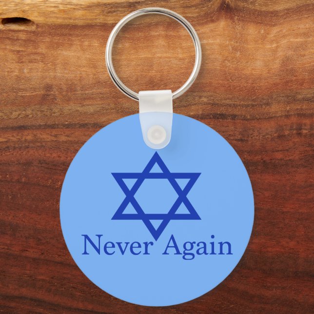 Never Again Jewish Holocaust Remembrance Blue Key Ring (Front)