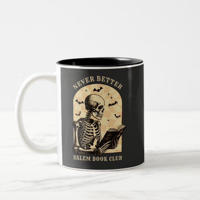 Never Better Reading Club Skeleton Gothic Hallowee Two-Tone Coffee Mug (Left)