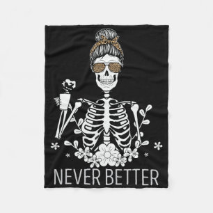 Never Better Skeleton Drinking Coffee Halloween Co Fleece Blanket