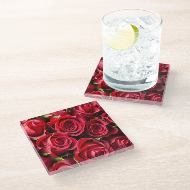 Never Enough Red Rose Flowers Glass Coaster (Angled)