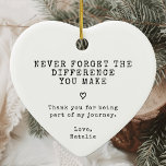Never Forget The Difference You Have Made/You Make Ceramic Tree Decoration<br><div class="desc">Show your heartfelt appreciation with the Vintage Typewriter Font "Never Forget The Difference You Have Made" Ceramic Ornament. This charming ornament features a nostalgic typewriter font that adds a touch of classic elegance to your thank you gift. Personalise it with a meaningful message to make it a unique keepsake that...</div>