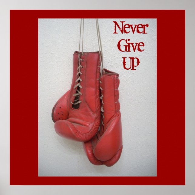 Never Give Up, Boxing Gloves Framed Print (Front)