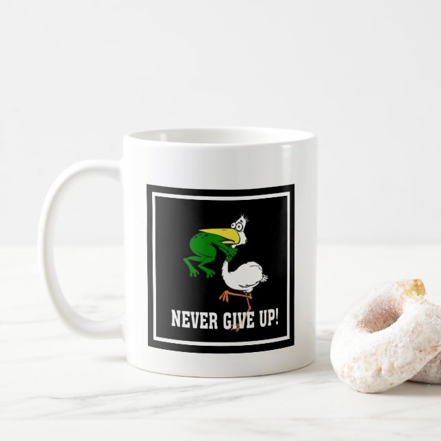 Never Give Up Frog Choking Bird Coffee Mug (With Donut)