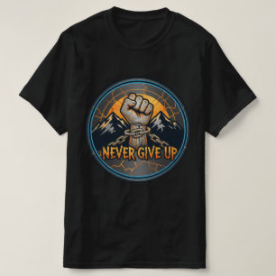 Never Give Up Inspirational Fist and Mountain T-Shirt