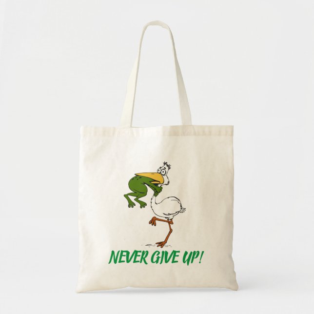 Never Give Up Motivational Pelican and Frog Tote Bag (Front)