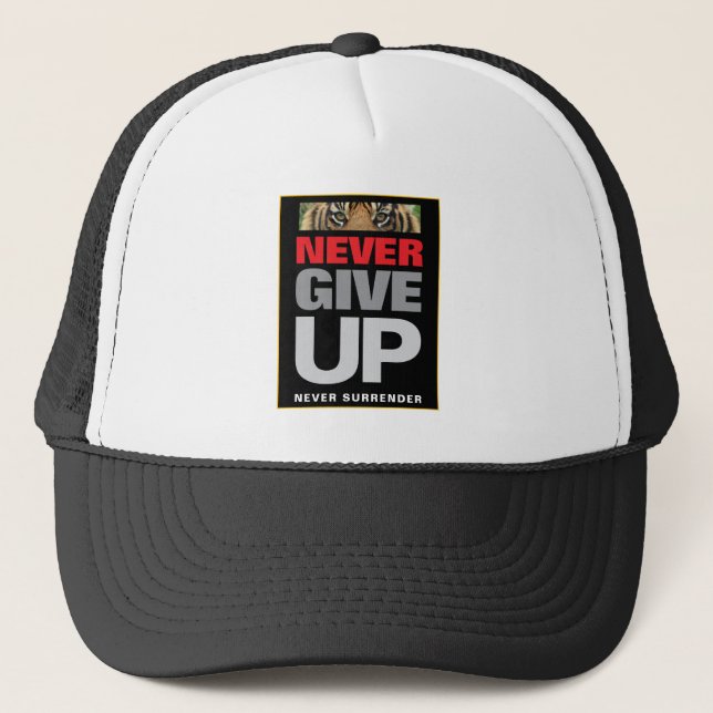 Never Give Up Never Surrender White and Black Trucker Hat (Front)