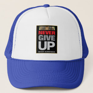 Never Give Up Never Surrender White and Royal Blue Trucker Hat