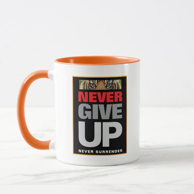 Never Give Up Never Surrender White & Orange Combo Mug (Left)