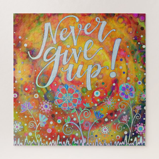 Never Give Up Pretty Floral Inspirational Trendy Jigsaw Puzzle (Vertical)