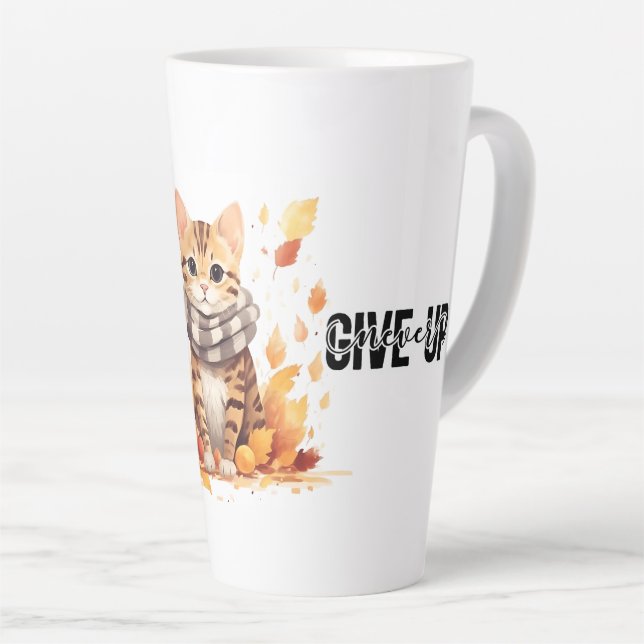 Never give up with Cute Bengal Cat in Fall Latte Mug (Right Angle)