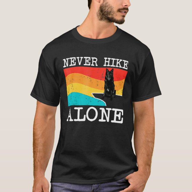 Never Hike Alone Belgian Sheepdog Graphic Hiking T-Shirt (Front)
