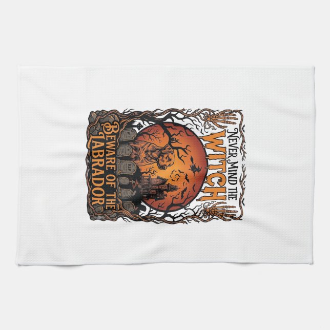 Never Mind Witch Beware Labrador Halloween Haunted Tea Towel (Horizontal)
