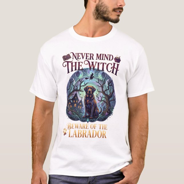 Never Mind Witch Beware Labrador Haunted House Moo T-Shirt (Front)
