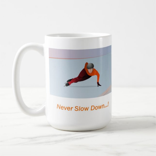 Never Slow Down Orange Short Track Speedskater Coffee Mug (Left)