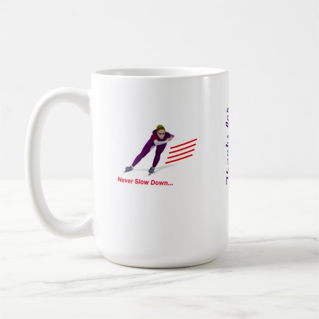 Never Slow Down Purple/Red Long Track Speedskating Coffee Mug (Left)