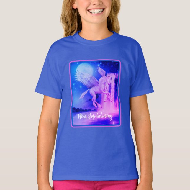 Never Stop Believing Flying Unicorn Inspirational T-Shirt (Front)