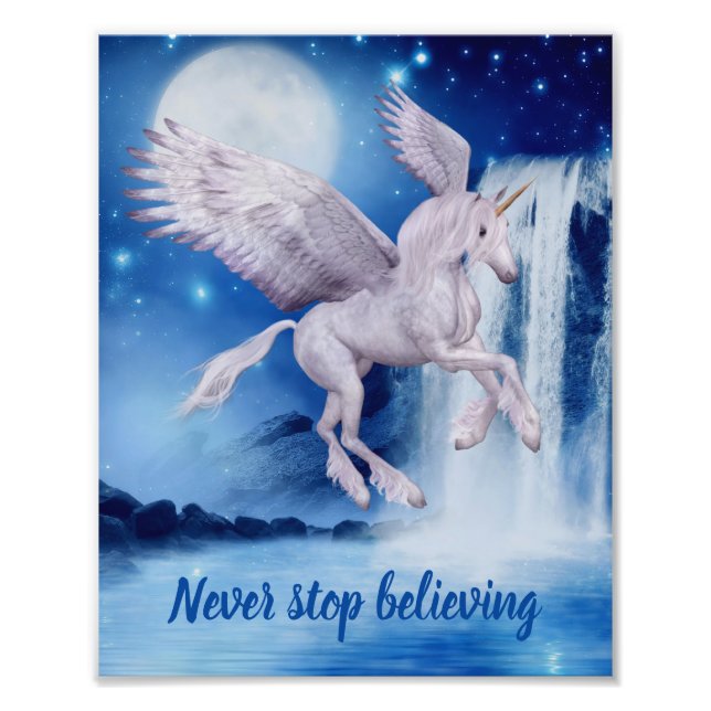 Never Stop Believing Flying Unicorn Waterfall  Photo Print (Front)