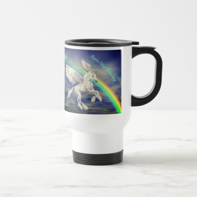 Never Stop Believing Quote Unicorn Personalised  Travel Mug (Right)