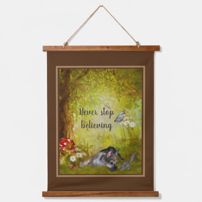 Never Stop Believing Shepherd Puppy Inspirational  Hanging Tapestry (Front)