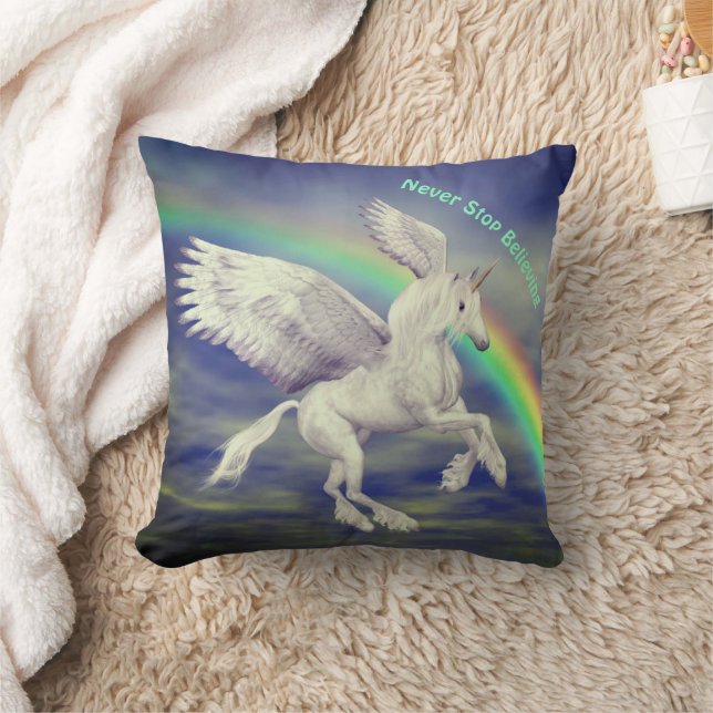 Never Stop Believing Unicorn Rainbow Inspirational Cushion (Blanket)